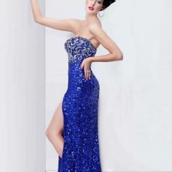 In Stock Primavera Couture 1155 Sequin Prom Dress With Slit Blue Size 8, 18