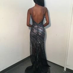 Backless Dresses Jovani 1160 Long Fitted Sheer Sequin Side Slit Prom Dress Formal Plunging V Neck