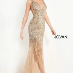Backless Dresses Jovani 1162 Long Embellished Sheer Fitted Formal Dress V Neck Backless Sequin