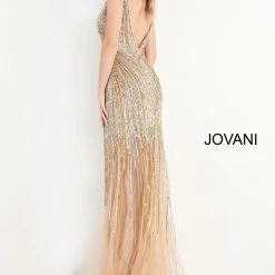 Backless Dresses Jovani 1162 Long Embellished Sheer Fitted Formal Dress V Neck Backless Sequin