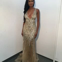 Backless Dresses Jovani 1162 Long Embellished Sheer Fitted Formal Dress V Neck Backless Sequin