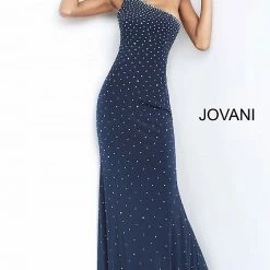 Corset Dresses Jovani 1170 Long Fitted Embellished Jersey Prom Dress Lace Up Cutout One Shoulder