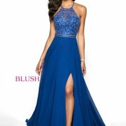 Blush Prom Dress 11720 Embellished High Neck Chiffon Skirt Pageant Gown Slit