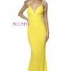 In Stock Backless Dresses Blush Prom 11891 Long Fitted V Neck Yellow Formal Prom Dress Crystal Strap