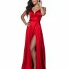 Blush Prom Dress 11893 Long Stretch Satin Fitted Gown V Neck Slit Train Formal