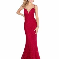 Long Prom Dresses Blush Prom Dress 11905 Long Fitted Lace Prom Dress Plunging Neckline Mermaid Train