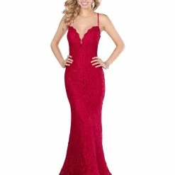 Long Prom Dresses Blush Prom Dress 11905 Long Fitted Lace Prom Dress Plunging Neckline Mermaid Train