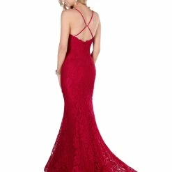 Long Prom Dresses Blush Prom Dress 11905 Long Fitted Lace Prom Dress Plunging Neckline Mermaid Train