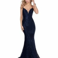 In Stock Blush Prom Dress 11905 Size 0 Aubergine Long Fitted Lace Prom Dress Plunging Neckline Mermaid Train