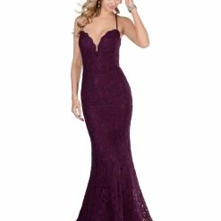 In Stock Blush Prom Dress 11905 Size 0 Aubergine Long Fitted Lace Prom Dress Plunging Neckline Mermaid Train
