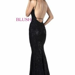 In Stock Blush Prom 11923 Size 00 Blush Long Fitted Sequin Prom Dress V Neck Backless