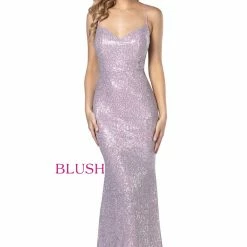 In Stock Blush Prom 11923 Size 00 Blush Long Fitted Sequin Prom Dress V Neck Backless