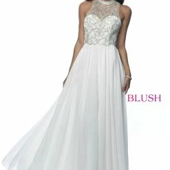 In Stock Blush Prom 11942 Size 10 White Chiffon A Line Prom Dress Embellished High Neckline 2020