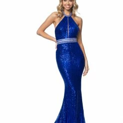 In Stock Blush Prom 11969 Size 6 Long Fitted High Neck Sequin Prom Dress Train Pageant