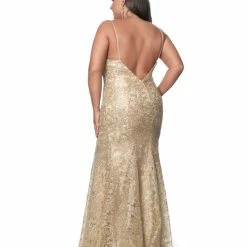 Blush TOO 11978W Long Fit Flare Metallic Lace Plus Size Prom Dress Formal Evening Gold