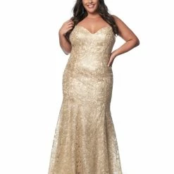 Blush TOO 11978W Long Fit Flare Metallic Lace Plus Size Prom Dress Formal Evening Gold