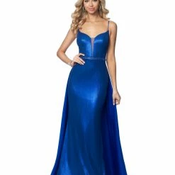 In Stock Blush Prom 11983 Size 12 Long Metallic Prom Dress Plunging Neckline Sheer Back