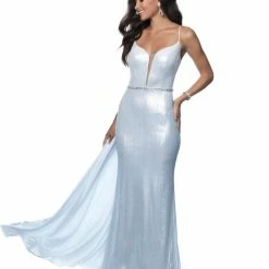 In Stock Blush Prom 11983 Size 12 Long Metallic Prom Dress Plunging Neckline Sheer Back