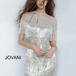 Jovani 11999 Sheer Neckline Illusion Short Dress Crystal Fringe Gown Fringe & Tassels