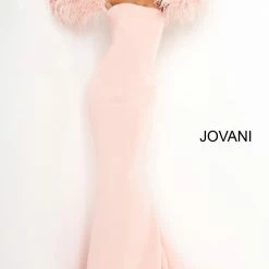 Mermaid Dresses Jovani 1226 Long Fitted Formal Evening Gown Fur Sleeves White Dress Wedding