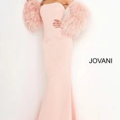 Mermaid Dresses Jovani 1226 Long Fitted Formal Evening Gown Fur Sleeves White Dress Wedding