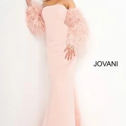 Mermaid Dresses Jovani 1226 Long Fitted Formal Evening Gown Fur Sleeves White Dress Wedding