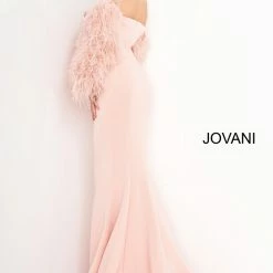 Mermaid Dresses Jovani 1226 Long Fitted Formal Evening Gown Fur Sleeves White Dress Wedding