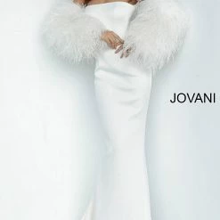 Mermaid Dresses Jovani 1226 Long Fitted Formal Evening Gown Fur Sleeves White Dress Wedding
