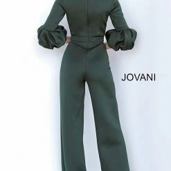 Jumpsuits & Rompers Jovani 1227 Boat Neckline Puff Sleeve Scuba Jumpsuit