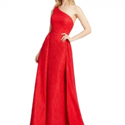 Mac Duggal FLASH 12363L Red Prom Dress One Shoulder Lace Pageant Dress Overskirt