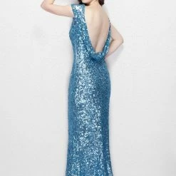 Discontinued Long Sleeve Dresses Primavera Couture 1256 Long Sequin High Neck Backless Evening Dress Formal