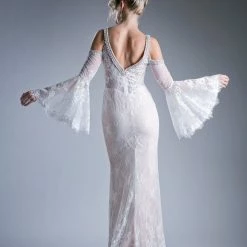 In Stock CD 13112 Size 10 Navy Lace Off The Shoulder Bell Sleeve Mother Of Dress Formal Evening Gown