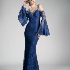 In Stock CD 13112 Size 10 Navy Lace Off The Shoulder Bell Sleeve Mother Of Dress Formal Evening Gown