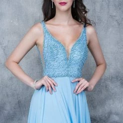 In Stock Nina Canacci 1336 Size 4 Long A Line Prom Dress Embellished V Neck Bodice Blue