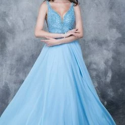 In Stock Nina Canacci 1336 Size 4 Long A Line Prom Dress Embellished V Neck Bodice Blue