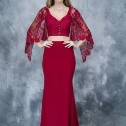 In Stock Nina Canacci 1340 Two Piece Long Prom Dress Lace Bell Sleeves Burgundy Size 6, 12