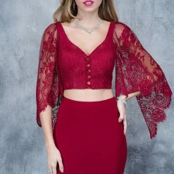 In Stock Nina Canacci 1340 Two Piece Long Prom Dress Lace Bell Sleeves Burgundy Size 6, 12