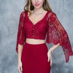 In Stock Nina Canacci 1340 Two Piece Long Prom Dress Lace Bell Sleeves Burgundy Size 6, 12