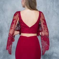 In Stock Nina Canacci 1340 Two Piece Long Prom Dress Lace Bell Sleeves Burgundy Size 6, 12