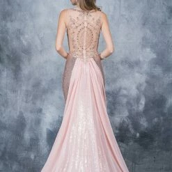 In Stock Long Sleeve Dresses Nina Canacci 1346 Size 4 Sequin Prom Dress Rose Gold Sheer High Neck Train