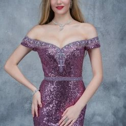 In Stock Long Sleeve Dresses Nina Canacci 1361 Off The Shoulder Sequin Prom Dress In Silver Size 4
