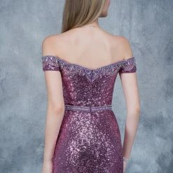 In Stock Long Sleeve Dresses Nina Canacci 1361 Off The Shoulder Sequin Prom Dress In Silver Size 4