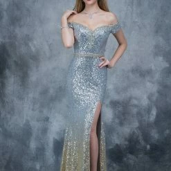 In Stock Long Sleeve Dresses Nina Canacci 1361 Off The Shoulder Sequin Prom Dress In Silver Size 4