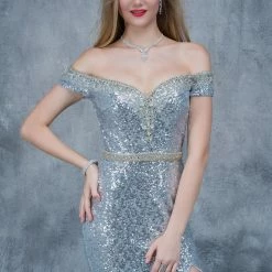 In Stock Long Sleeve Dresses Nina Canacci 1361 Off The Shoulder Sequin Prom Dress In Silver Size 4