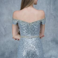 In Stock Long Sleeve Dresses Nina Canacci 1361 Off The Shoulder Sequin Prom Dress In Silver Size 4