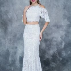 In Stock Nina Canacci 1364 Cold Shoulder Two Piece Lace Prom Dress In White/Nude Size 6
