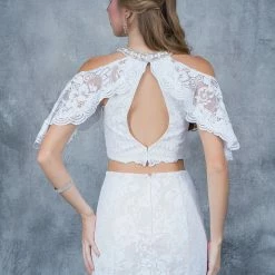 In Stock Nina Canacci 1364 Cold Shoulder Two Piece Lace Prom Dress In White/Nude Size 6