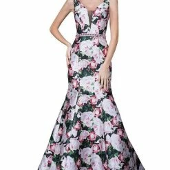 In Stock Nina Canacci 1393 Size 2 Black Print Floral Mermaid Prom Dress Evening Gown V Neckline Mermaid Dresses