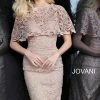 Jovani 1401 Light Pink Lace Knee Length Fitted Cocktail Dress Short Lace Cape