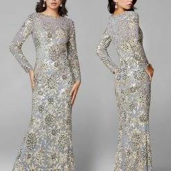 Sequin Dresses Primavera Couture 1401 Long Sleeve Sequin High Neck Formal Evening Dress
